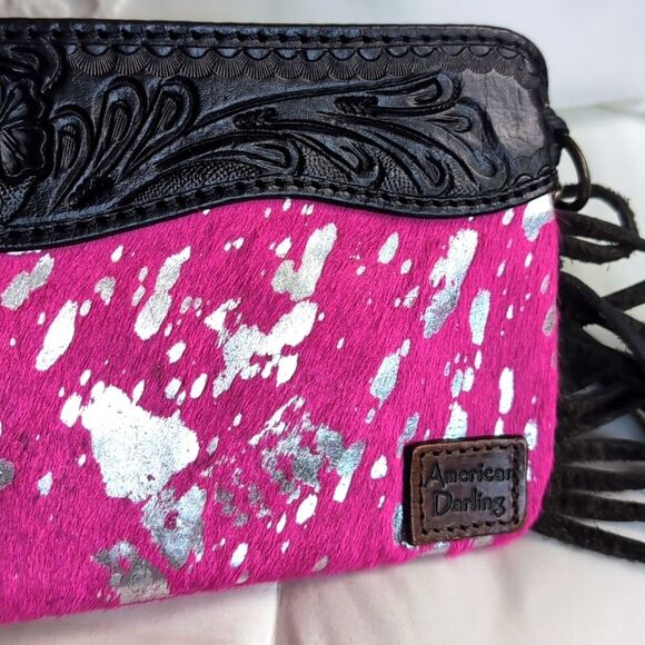 American Darling Fuchsia &Silver Cow Hide/Black Tooled Leather Fringe Crossbody - Picture 10 of 15